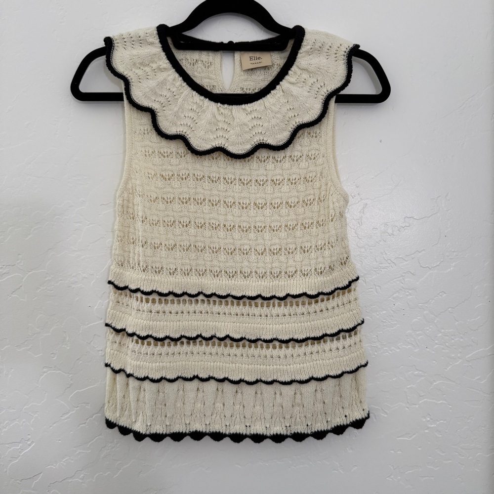 Elie Tahari Crochet Ruffle Tank Top Black & Cream – Size M